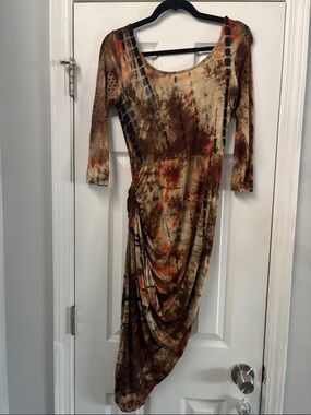 Long Sleeve Brown Tie-Dye Draped Midi Dress